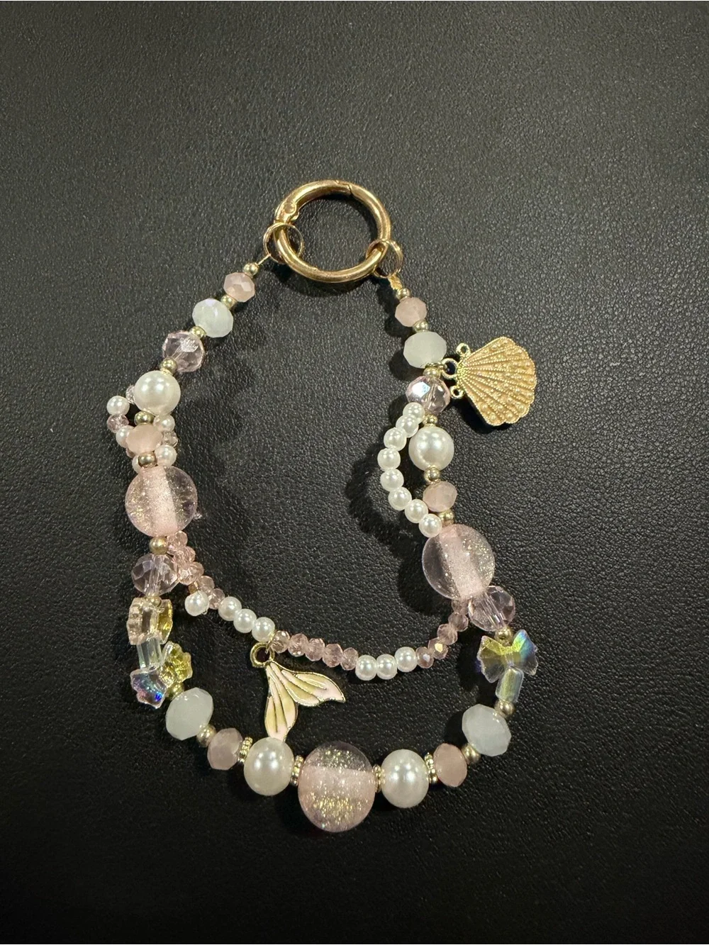 Pink Beaded Key & Card Holder with Gold Charms
